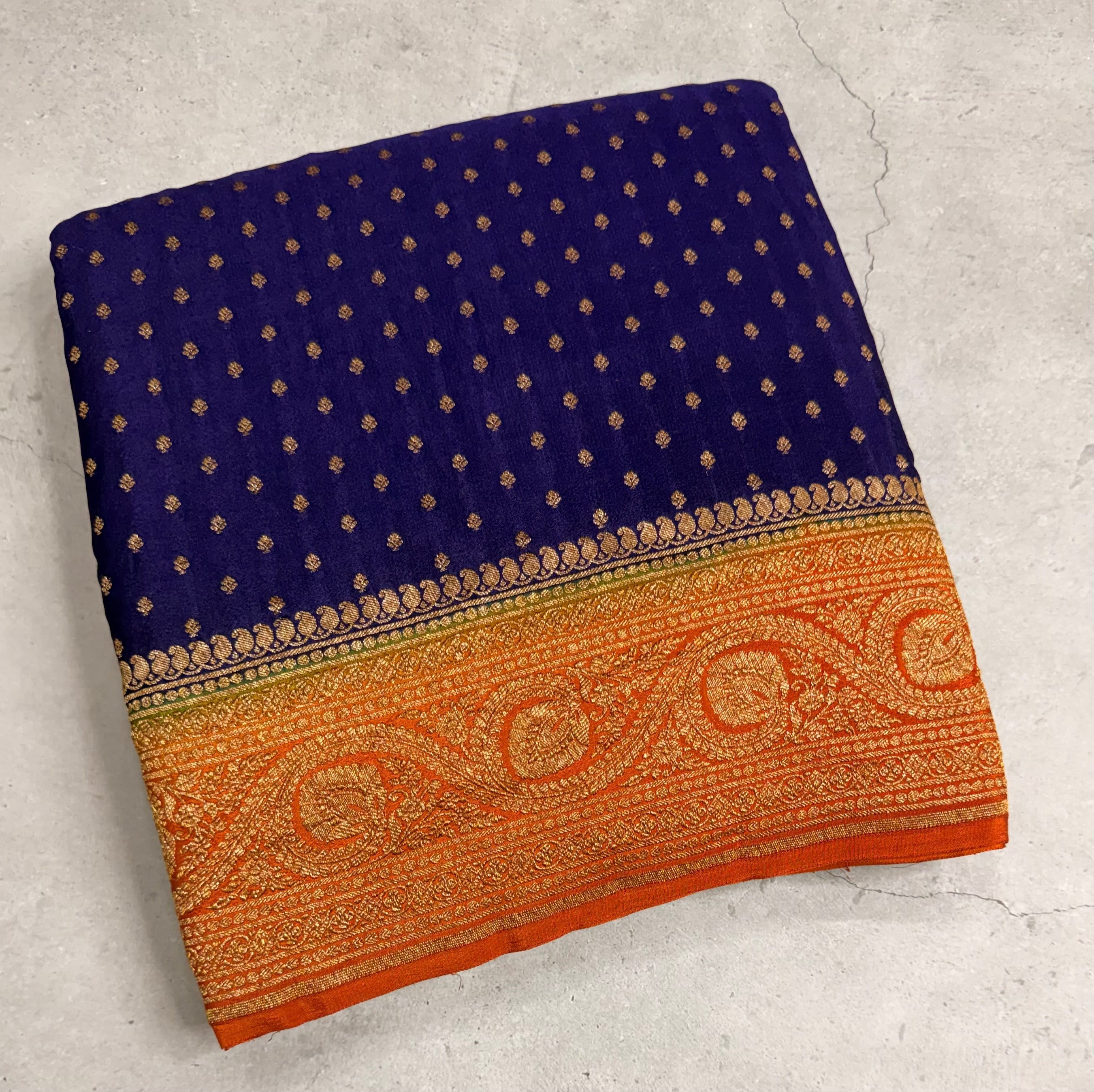 Blue n orange pure benarasi crepe silk saree