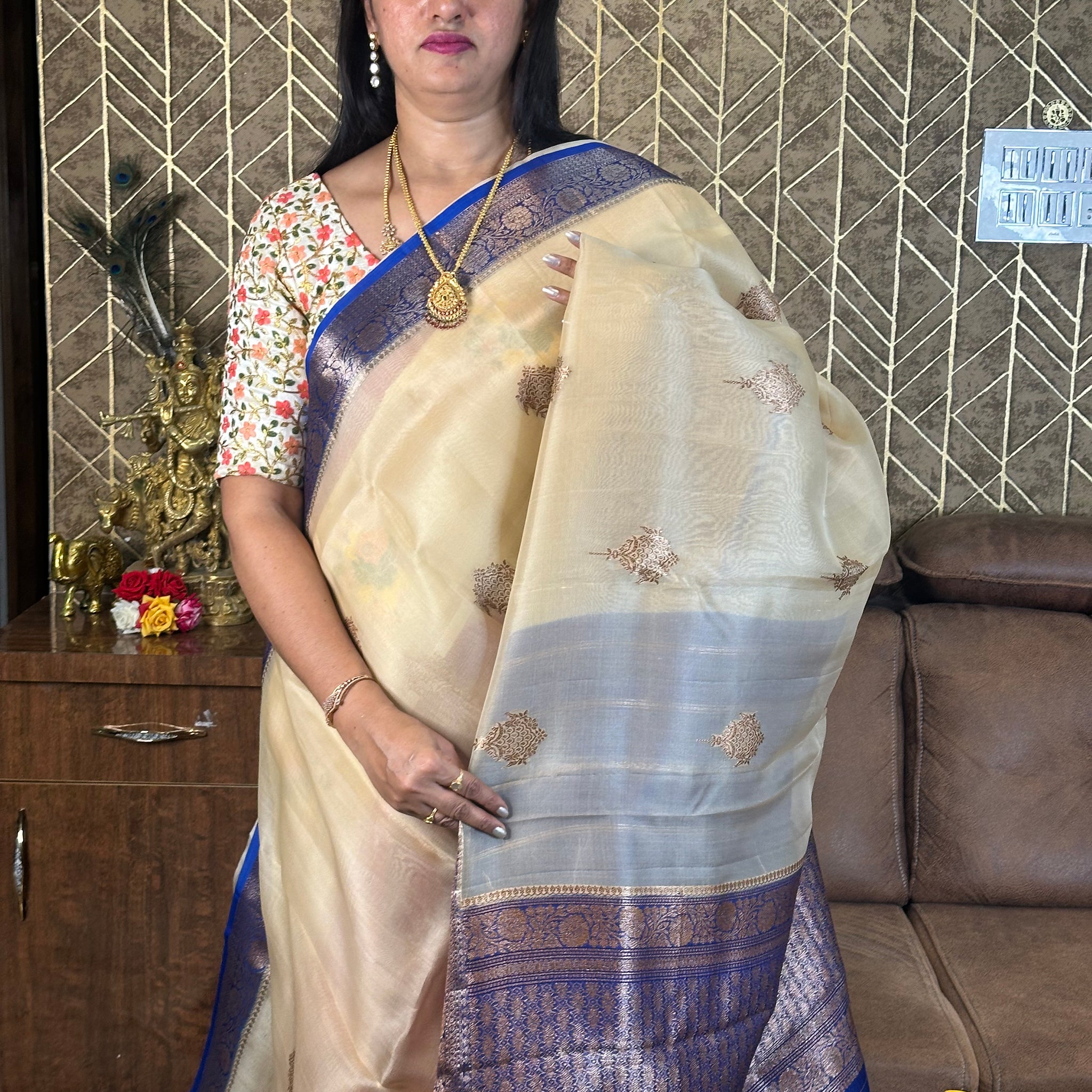 Beige and purple pure Kora organza handloom silk.