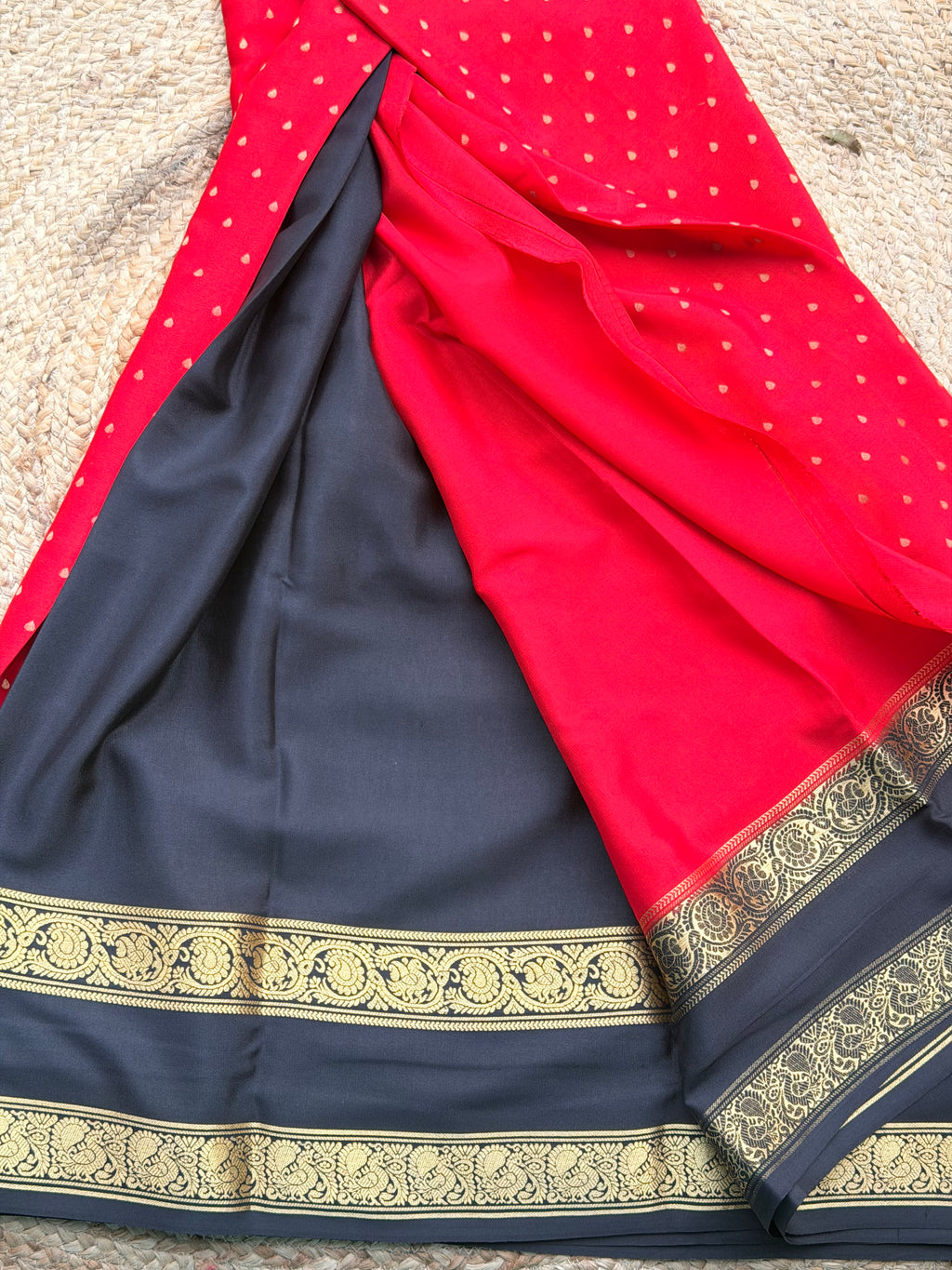Red and black 1000 butta pure crepe Mysore silk 120 gsm