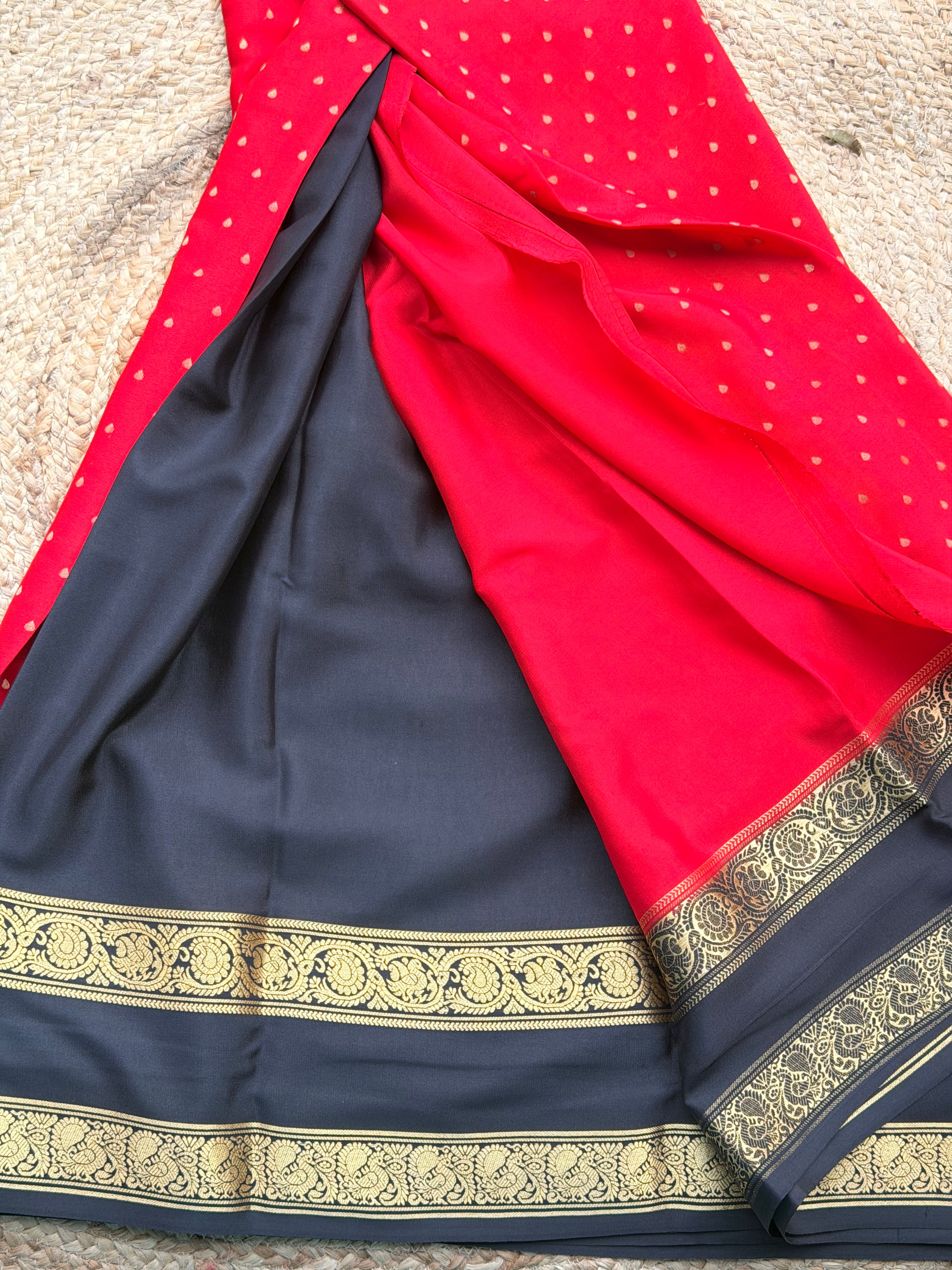 Red and black 1000 butta pure crepe Mysore silk 120 gsm
