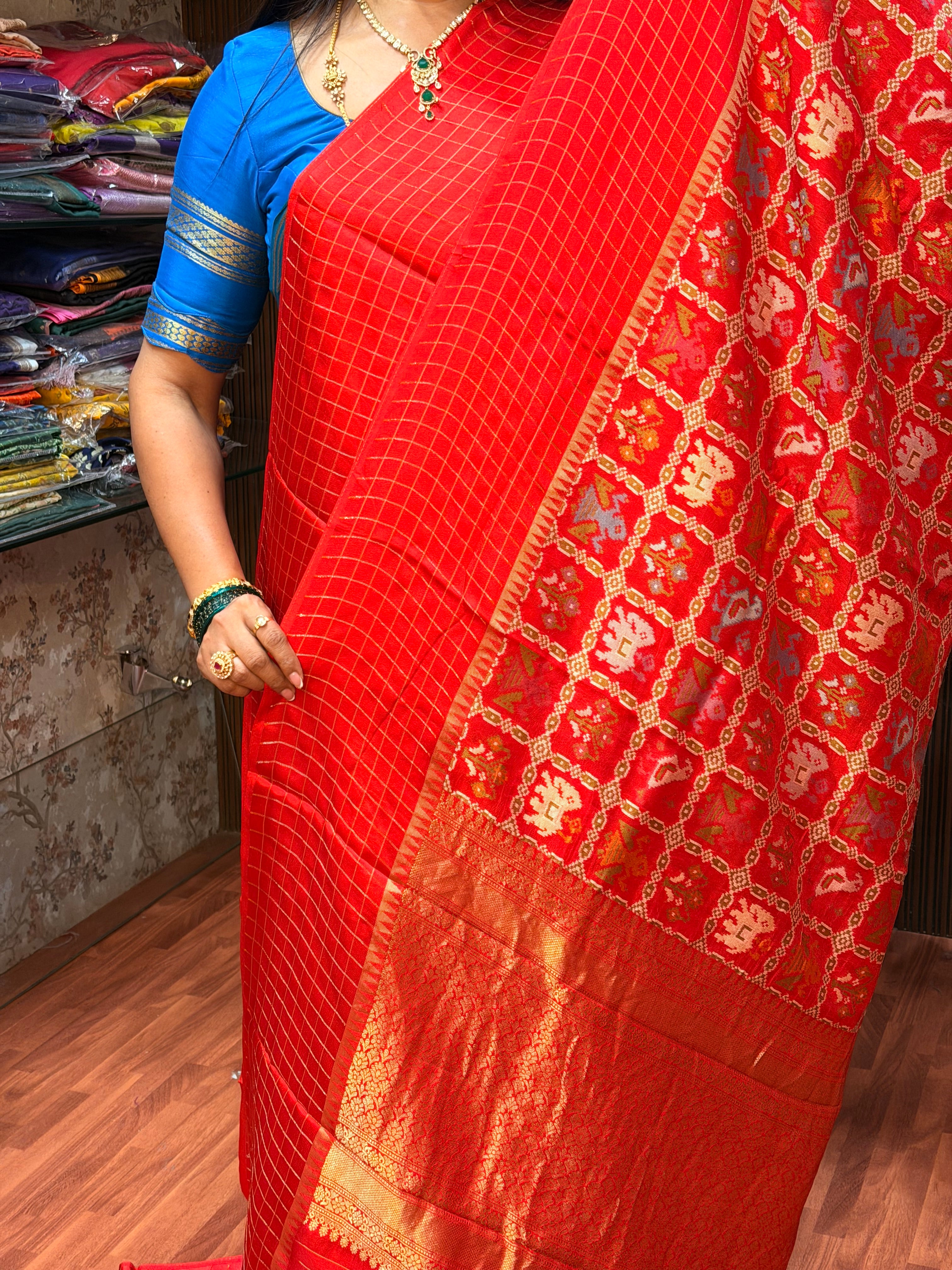 Red Patola checks borders premium quality