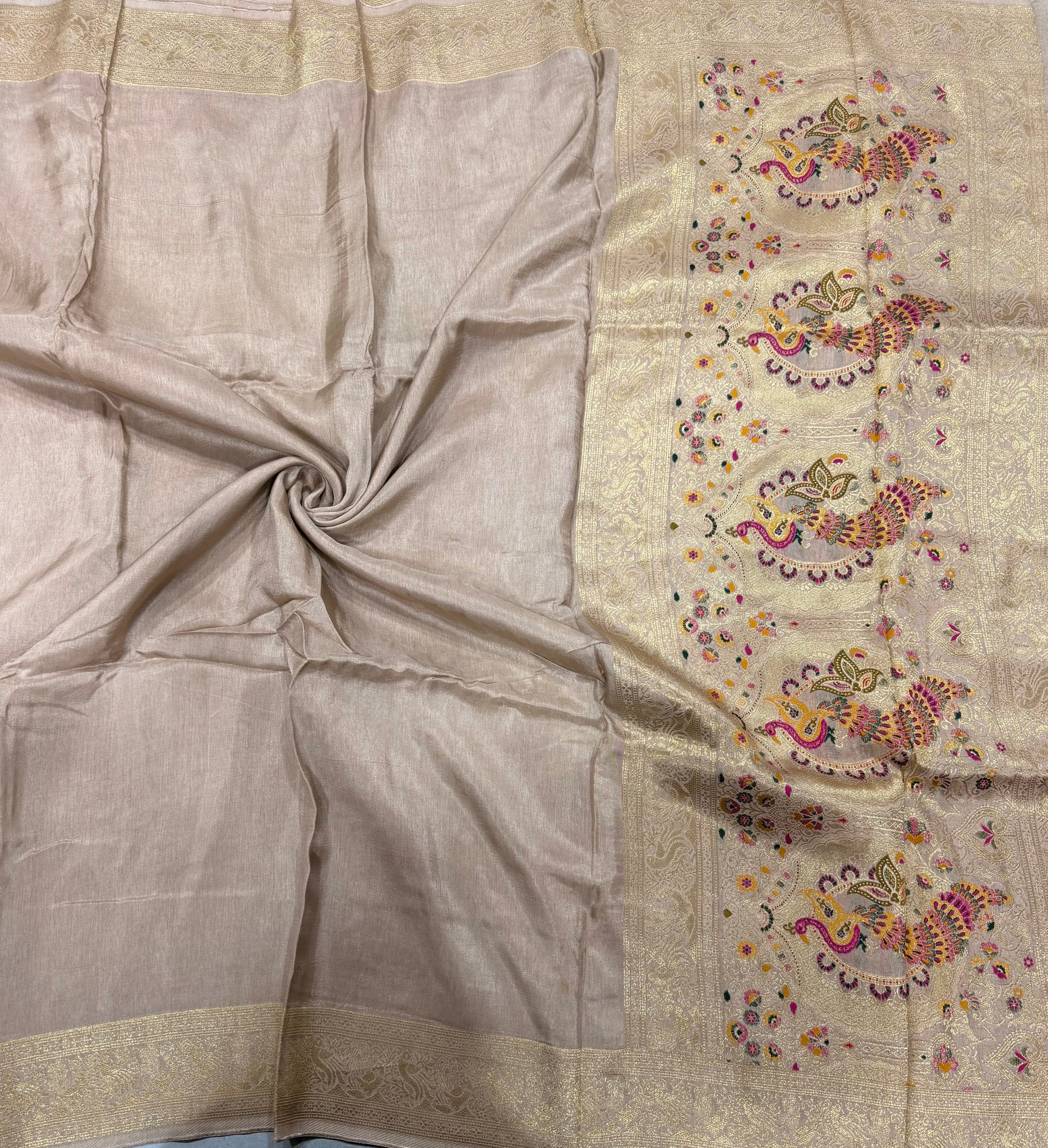 Cream Kanchi border plain modal silk saree