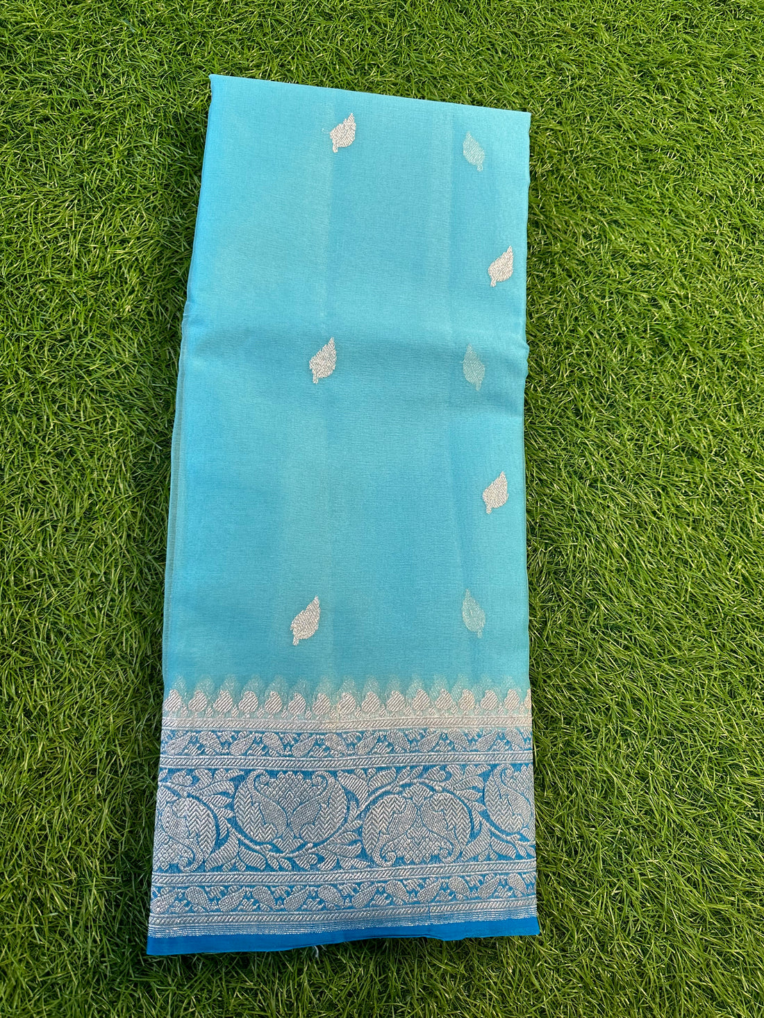 Baby blue with dark blue pure khaddi chiffon Banarasi Sarees.