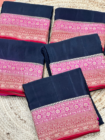 Black and pink red 3D pure plain crepe Banaras