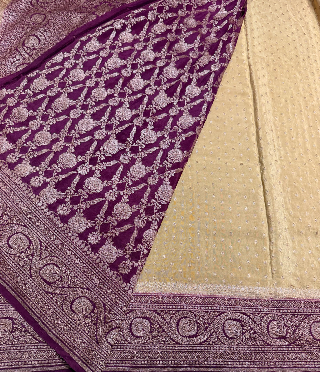 Cream n wine pure benarasi crepe silk saree