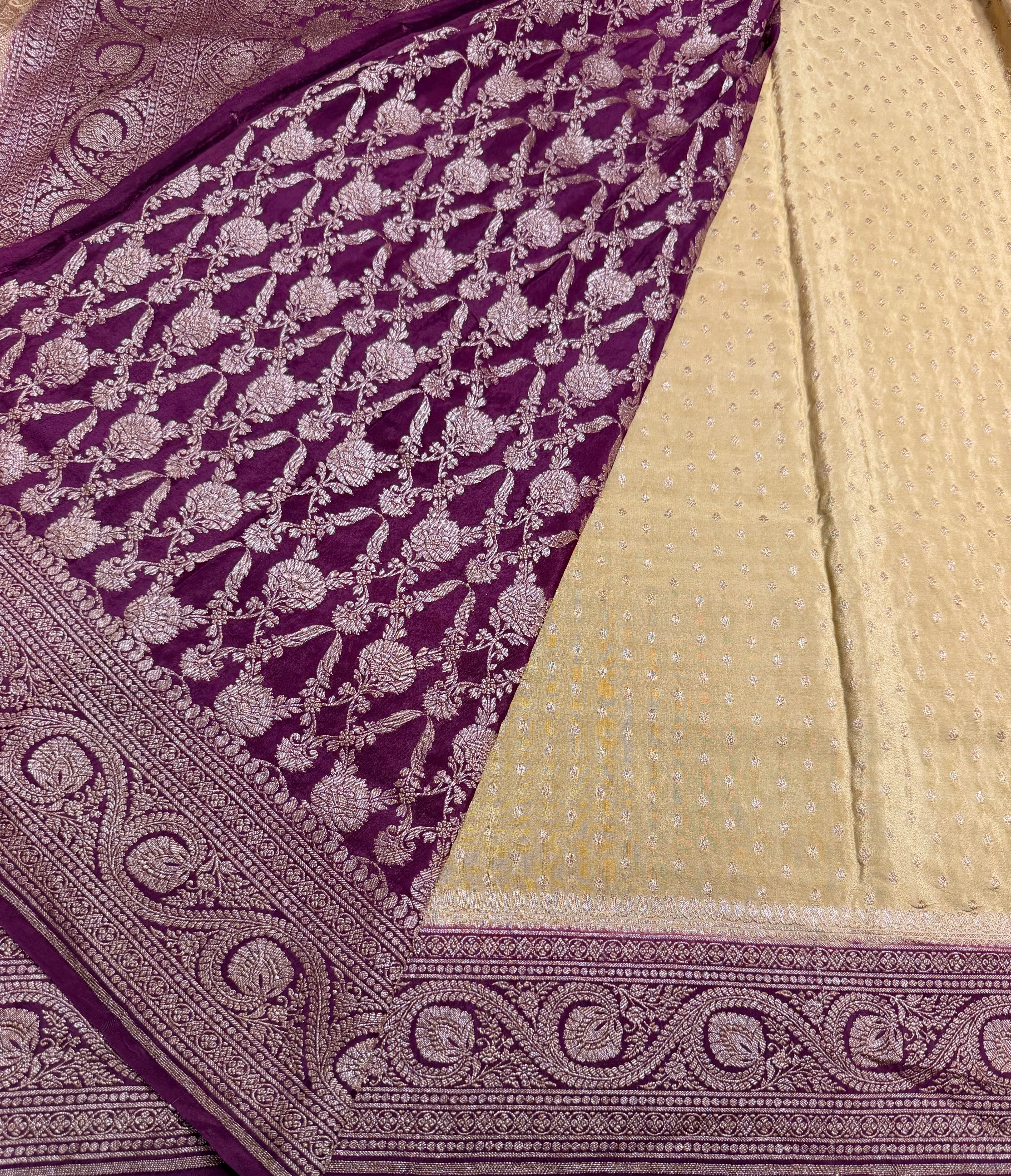 Cream n wine pure benarasi crepe silk saree