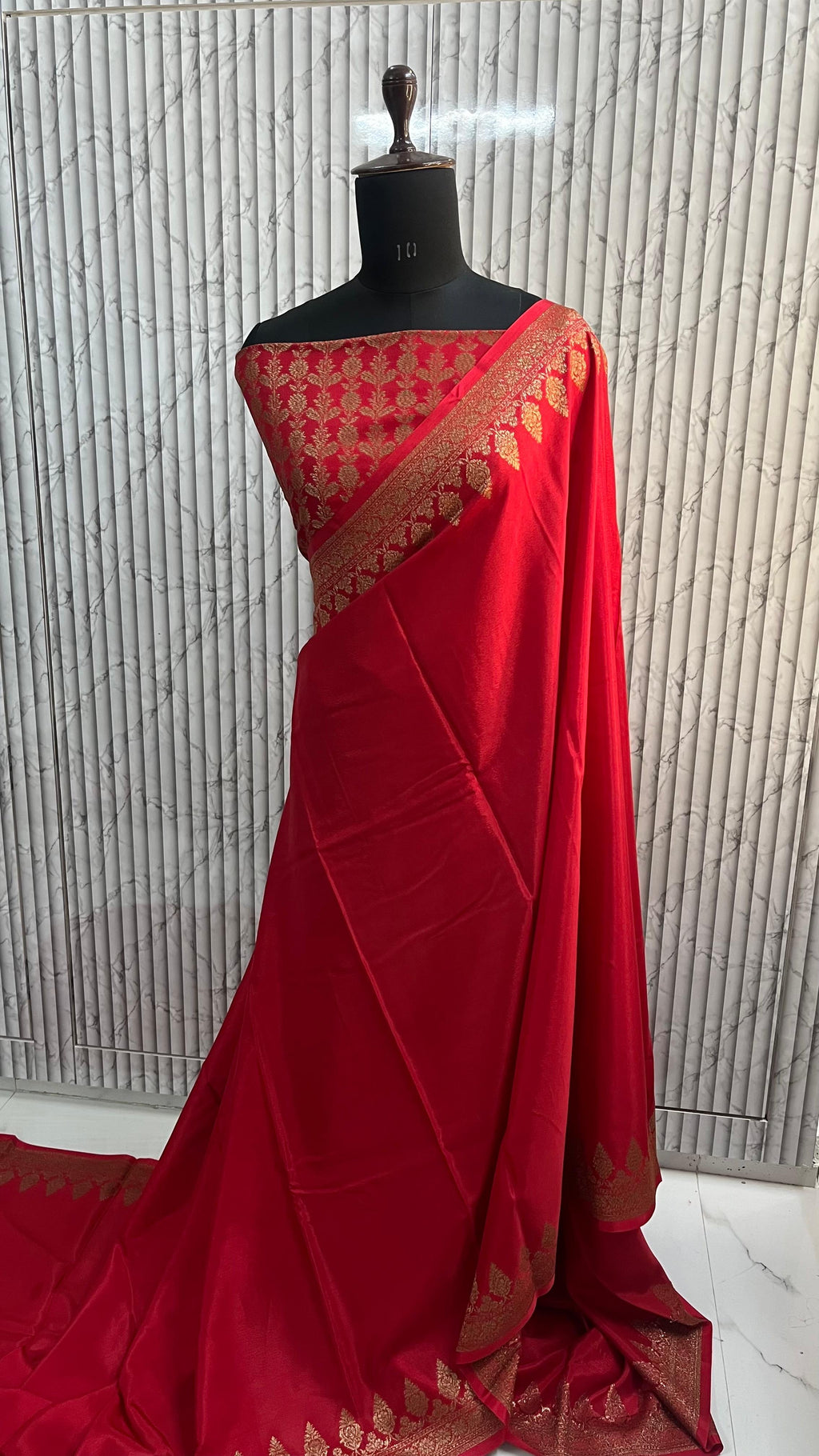 Hot red crepe Banaras chiffon sarees