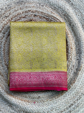 Yellow and pink pure brocade Banaras crepe sarees