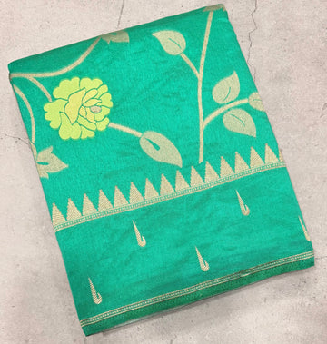 Sea green temple border tusser Paithani saree