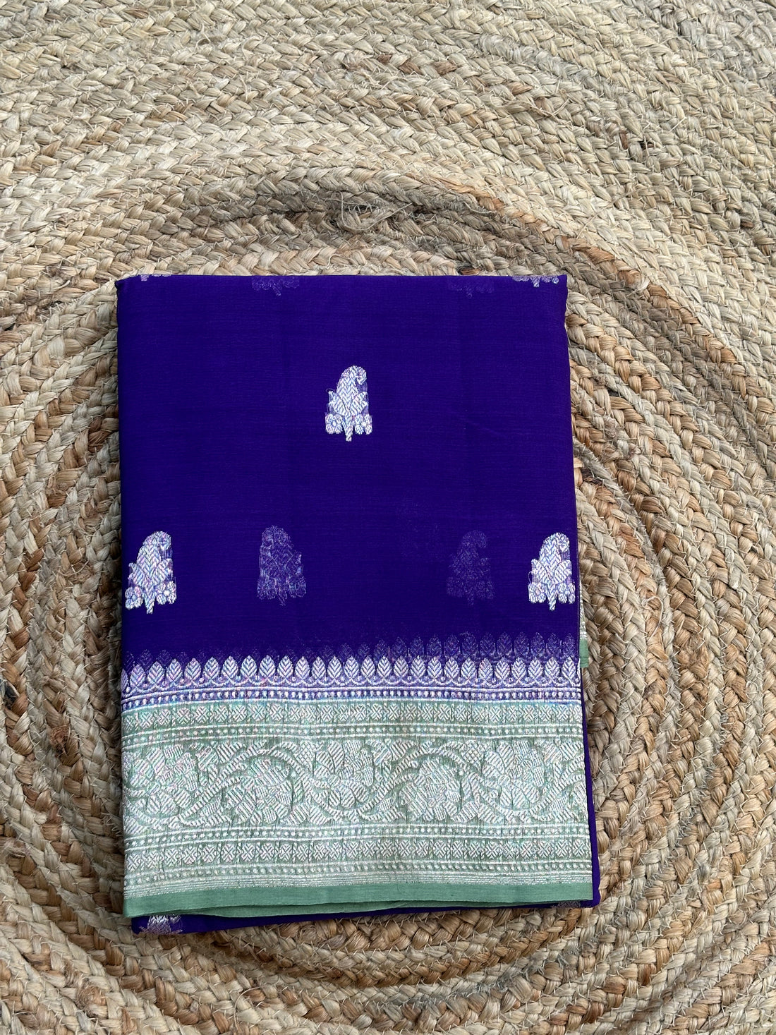Deep purple and mint green pure khaddi chiffon silver zari woven
