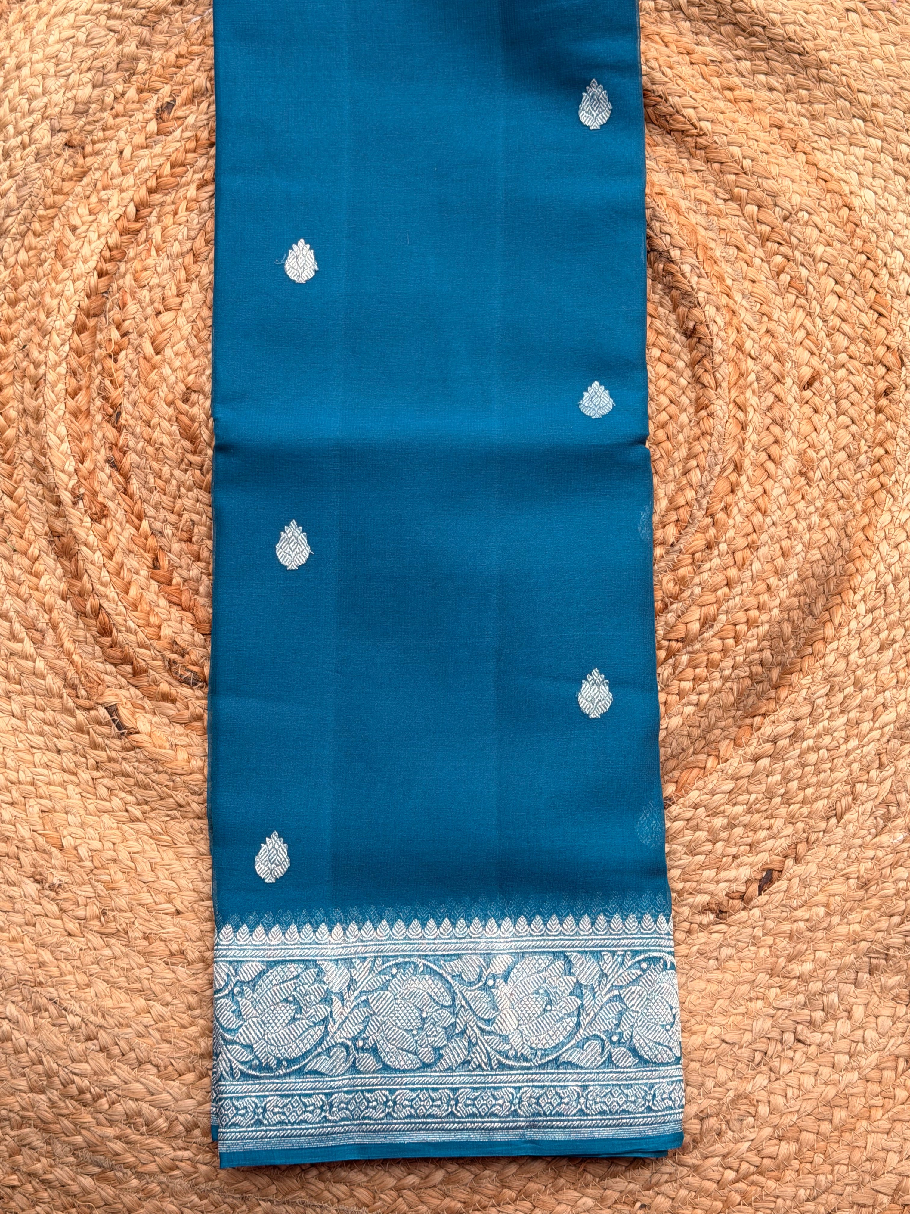 Peacock blue Banarasi pure khadi chiffon saree sliver zari woven