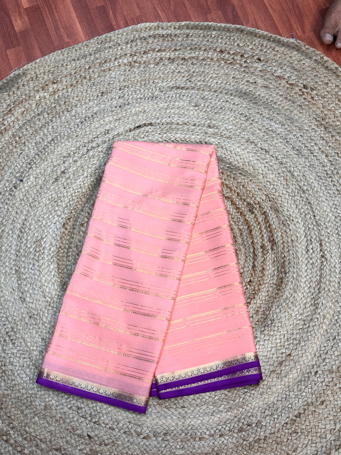 Peach with purple pure crepe Mysore  contrast silk small border