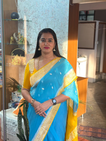 Blue with mustard pure crepe chiffon silver zari woven Banaras