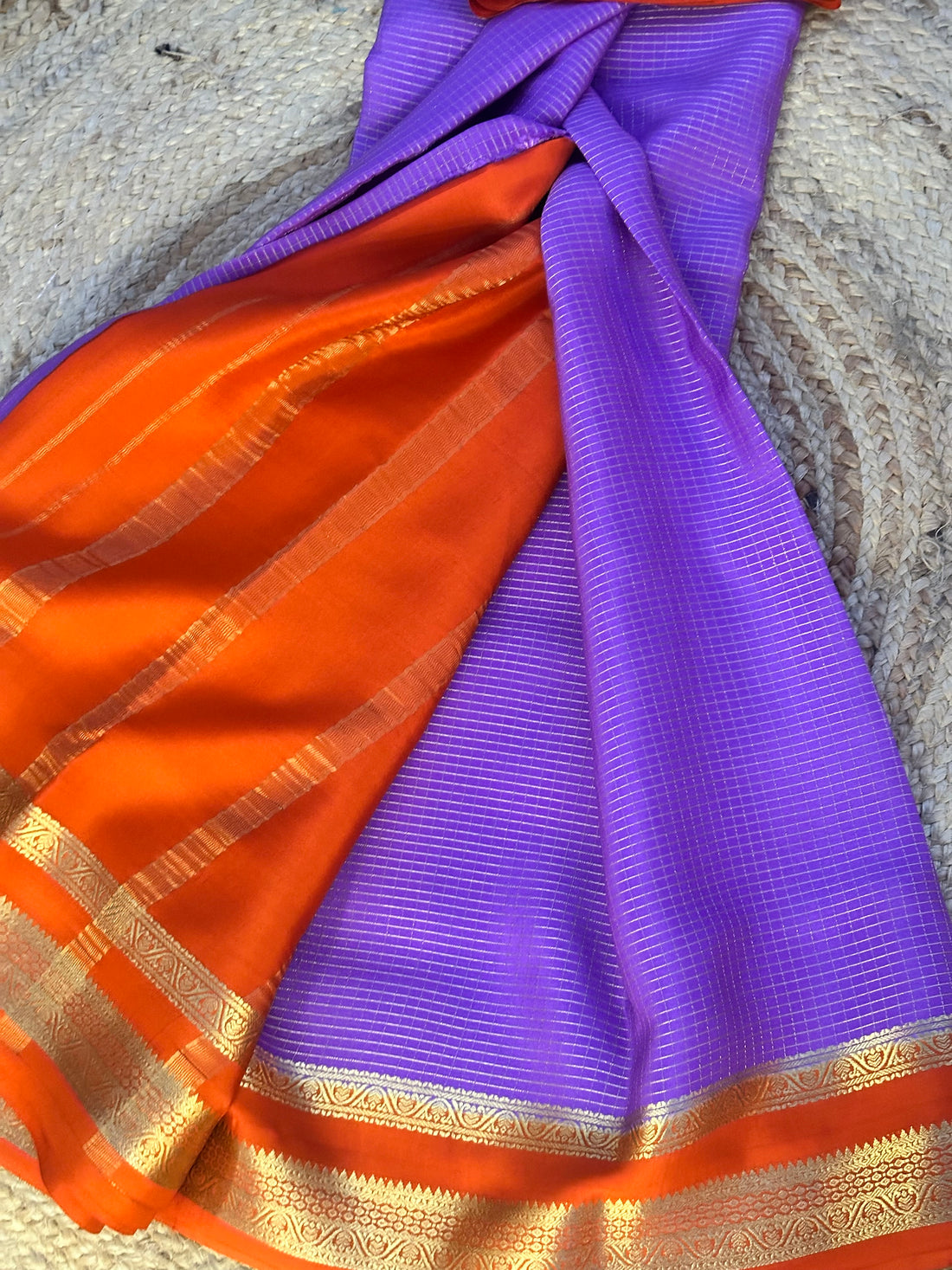 Lavender and orange checks pure crepe Mysore Silk sarees 120 gsm