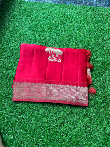 Hot red pure satin silk saree with