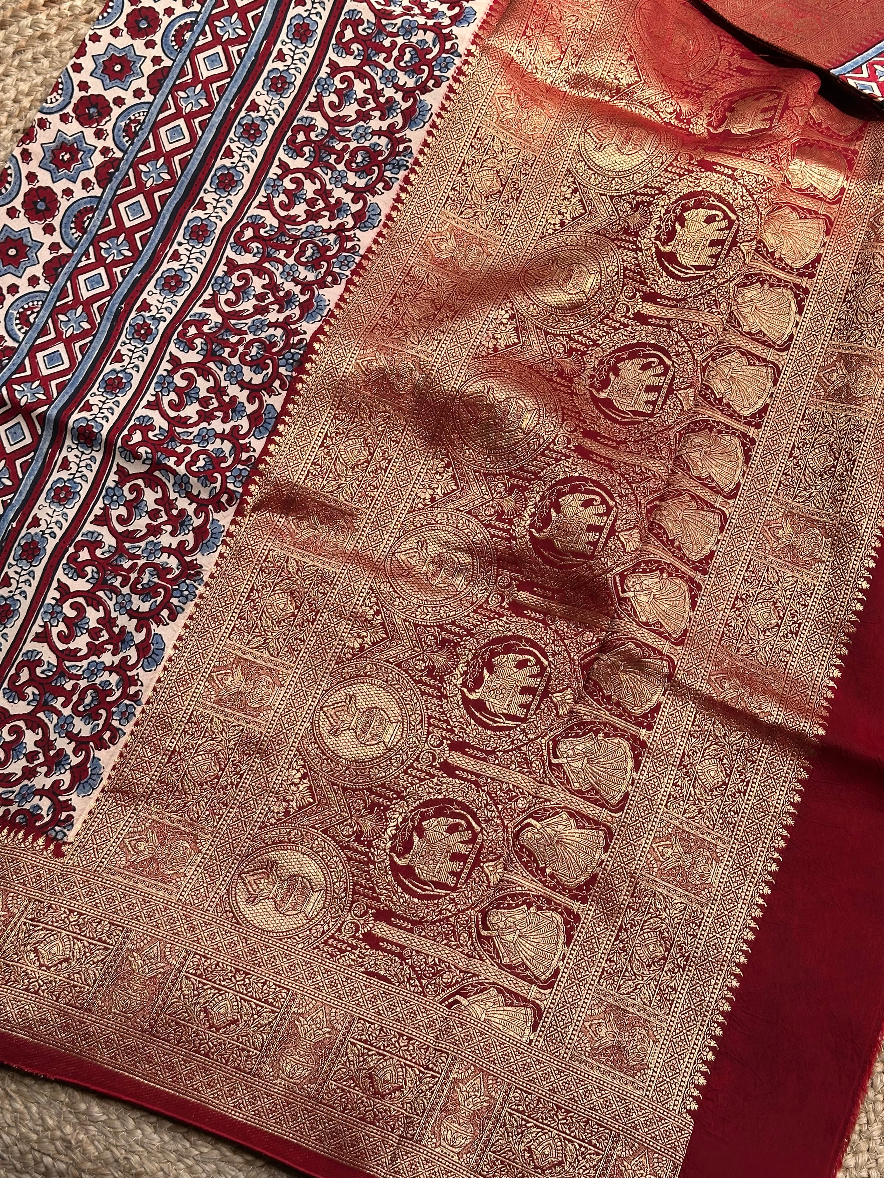 White and red pure Ajrak dola sarees