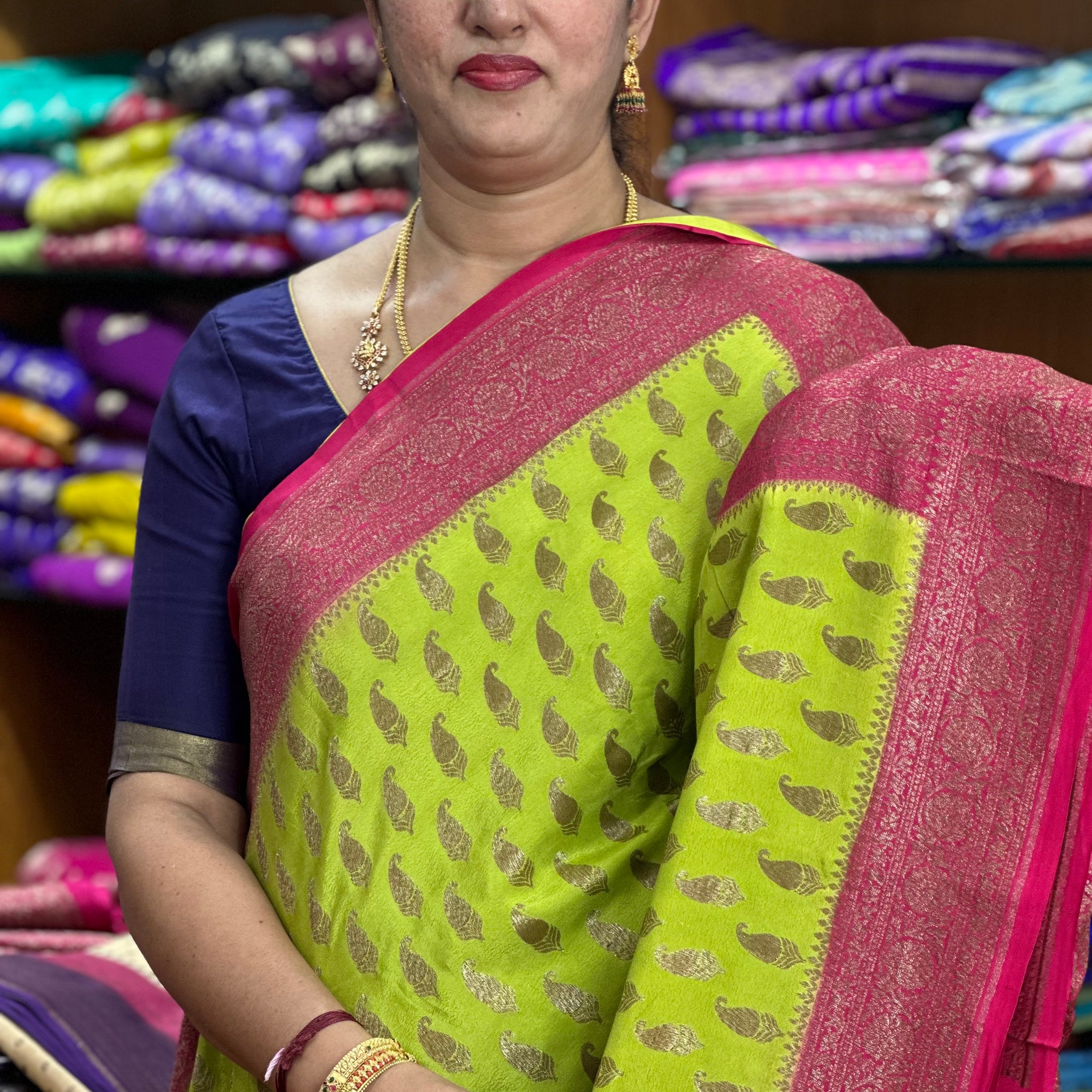 Parrots green with pink, crepe chiffon sarees