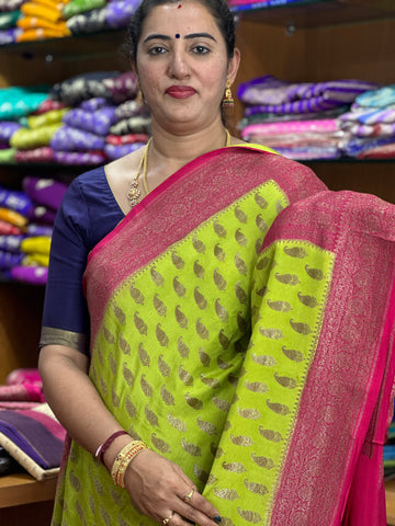 Parrots green with pink, crepe chiffon sarees