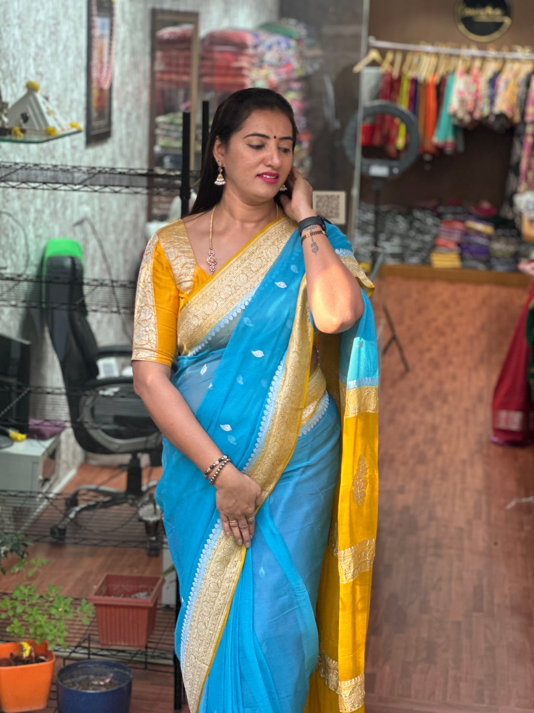 Blue with mustard pure crepe chiffon silver zari woven Banaras