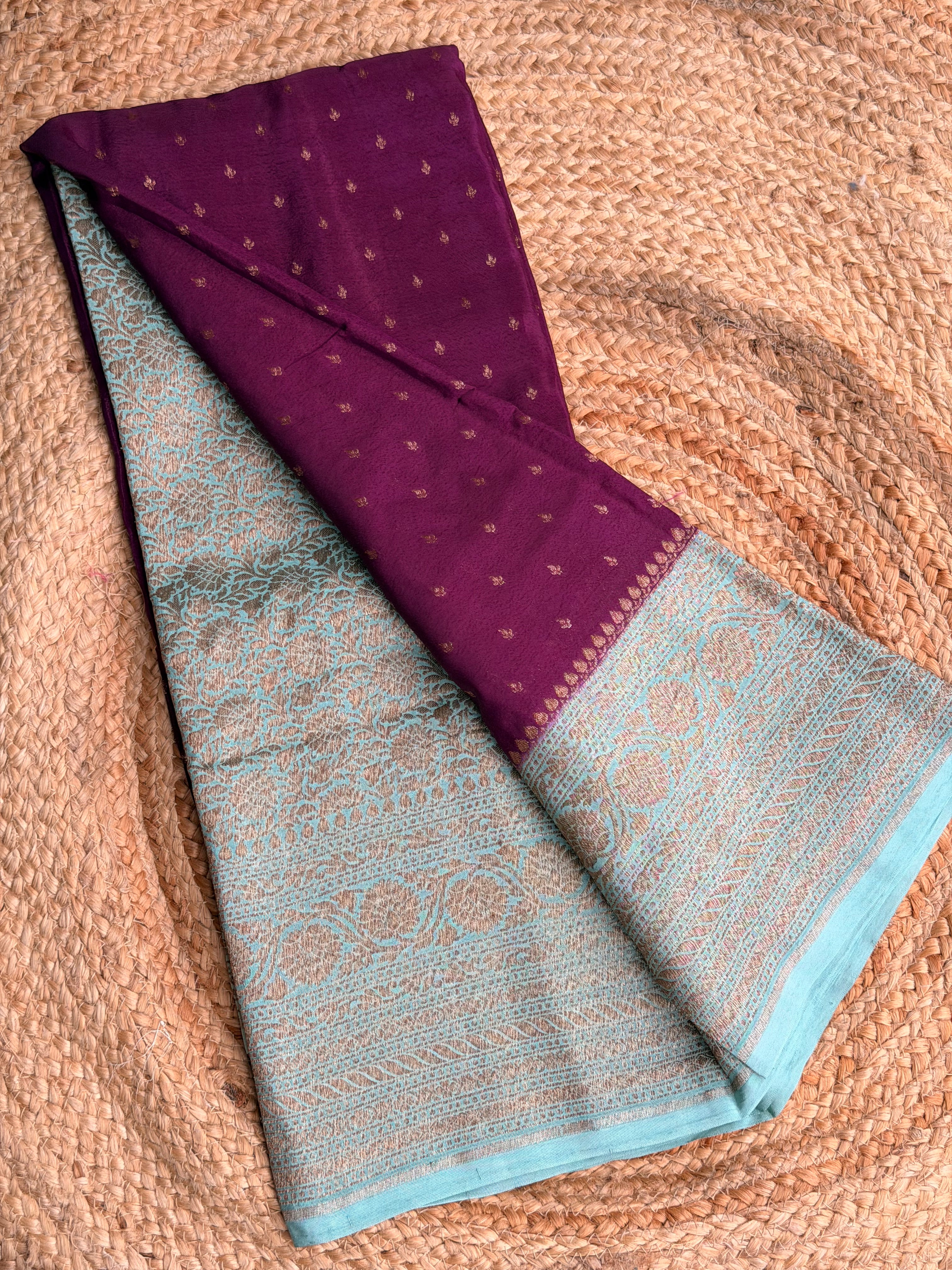 Wine and sea blue small butta benarasi crepe saree