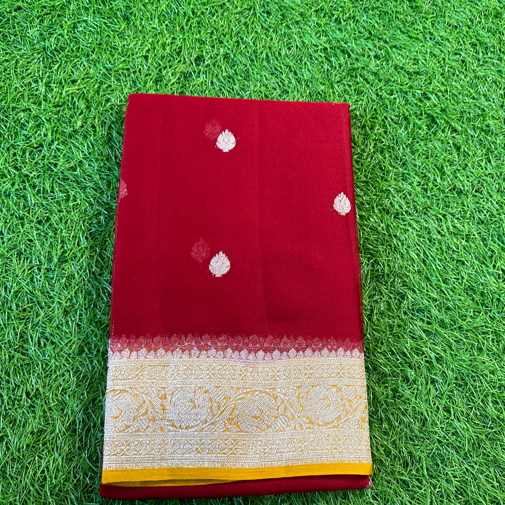 Maroon with mustard, pure khaddi chiffon.