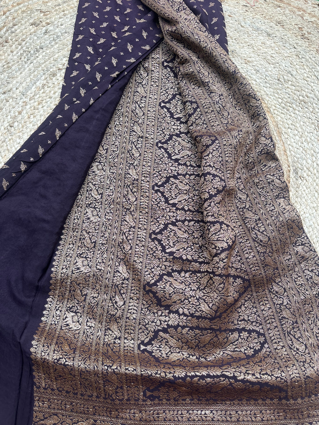 Dark coffee brown pure crepe Banaras silk sarees