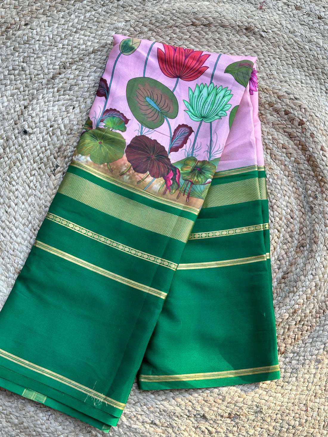 Green pure crepe digital prints Mysore Silk sarees 120 gsm