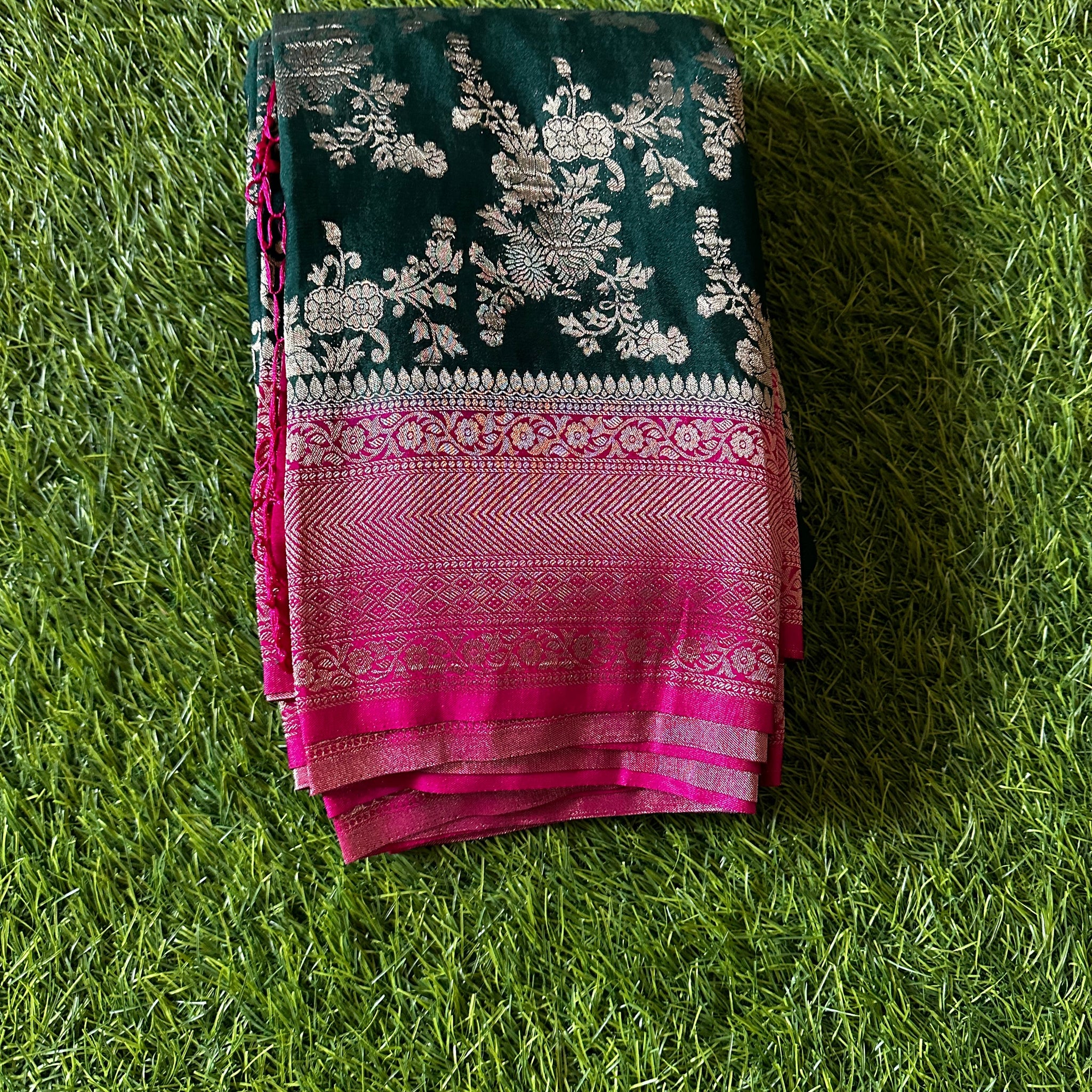 Crushed georgette in jaal pattern green and pink combination.