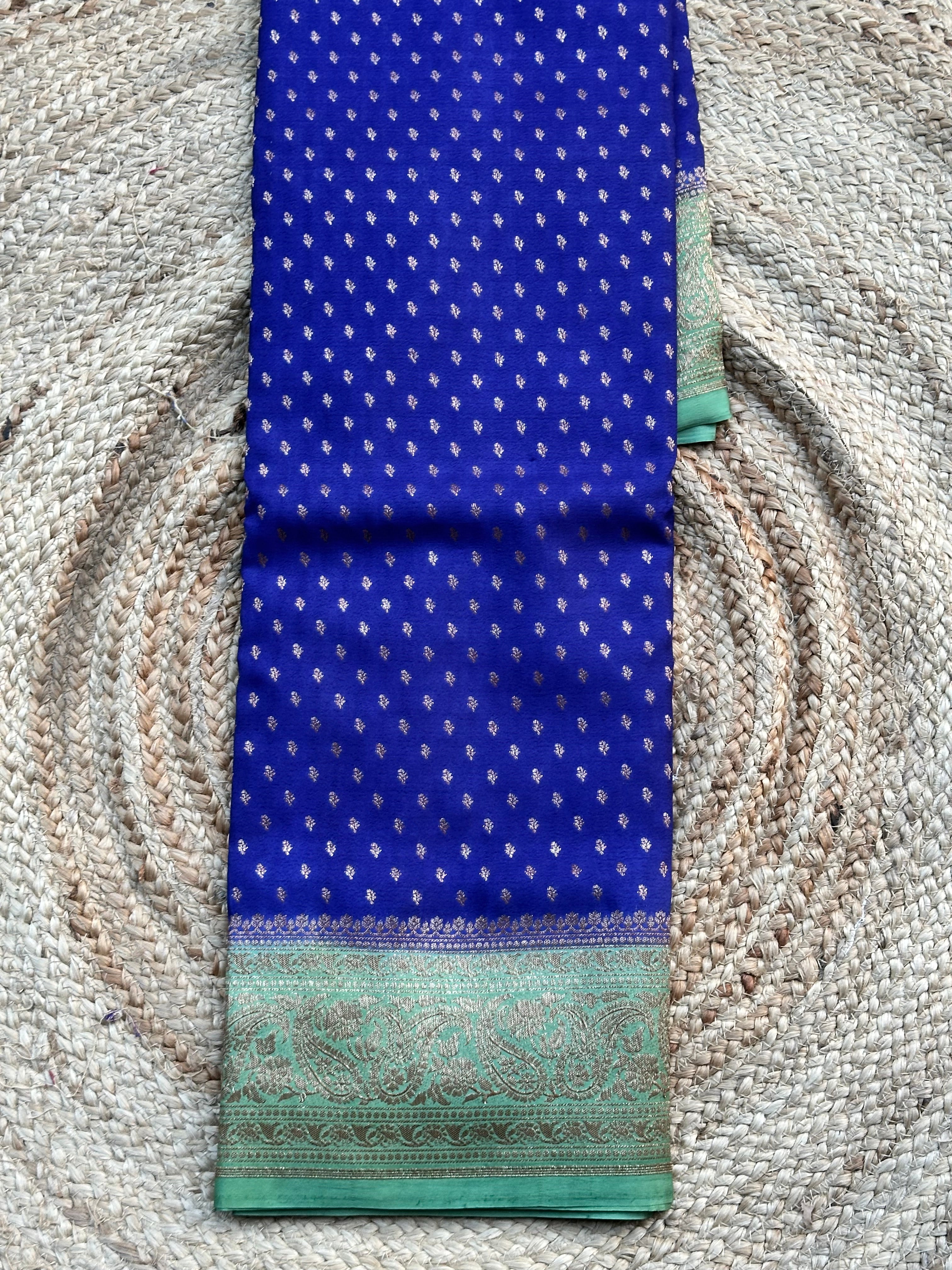 Deep purple and mint green crepe chiffon Banarasi sarees
