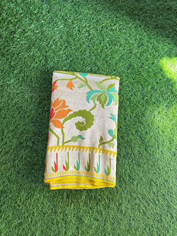 Lemon yellow pure tusser tissue georgette with Paithani weaving muniya border.