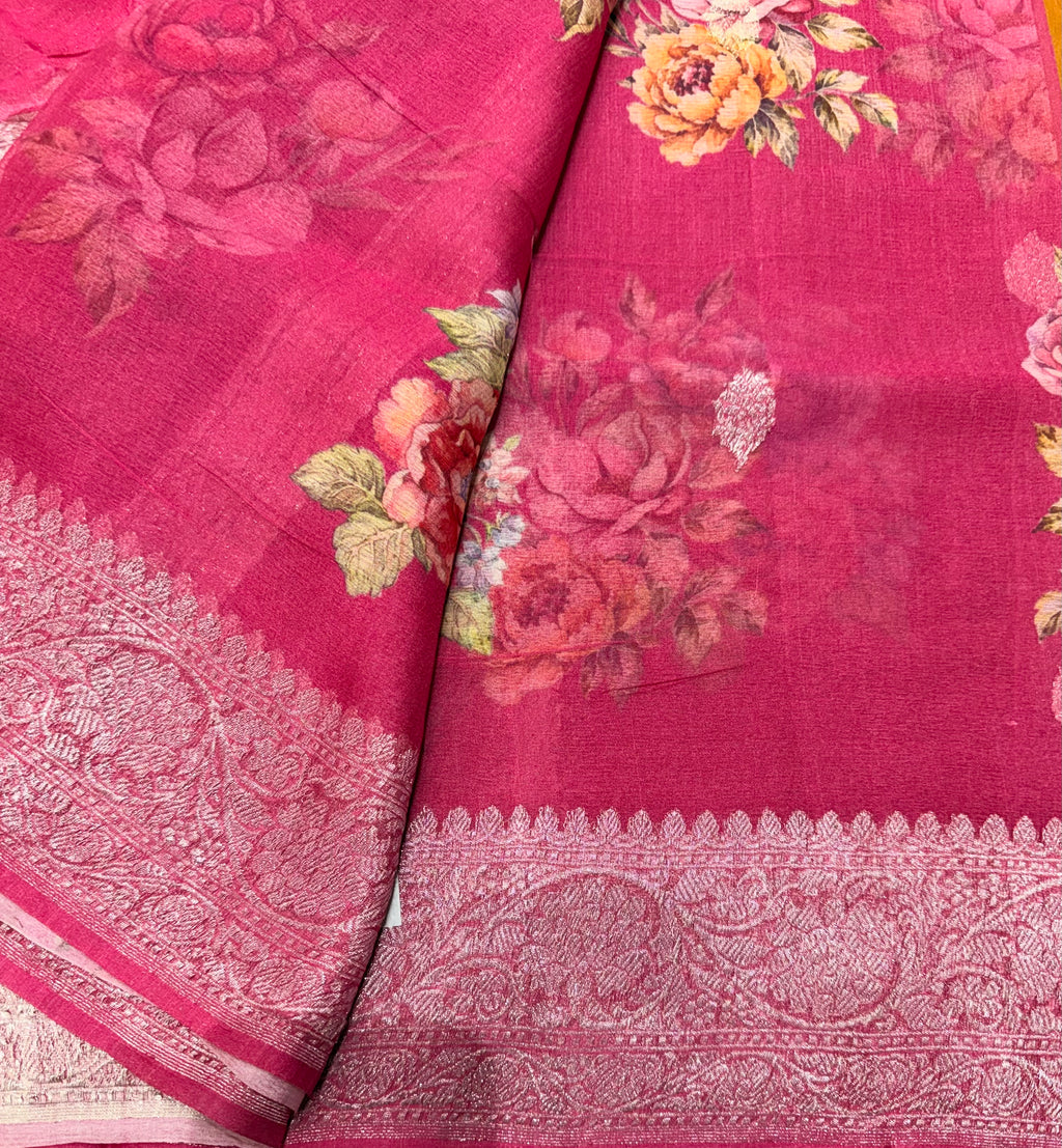 Rani pink digital print Banarasi pure tissue chiffon saree sliver zari saree