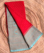 Red n sea green small butta benarasi crepe saree