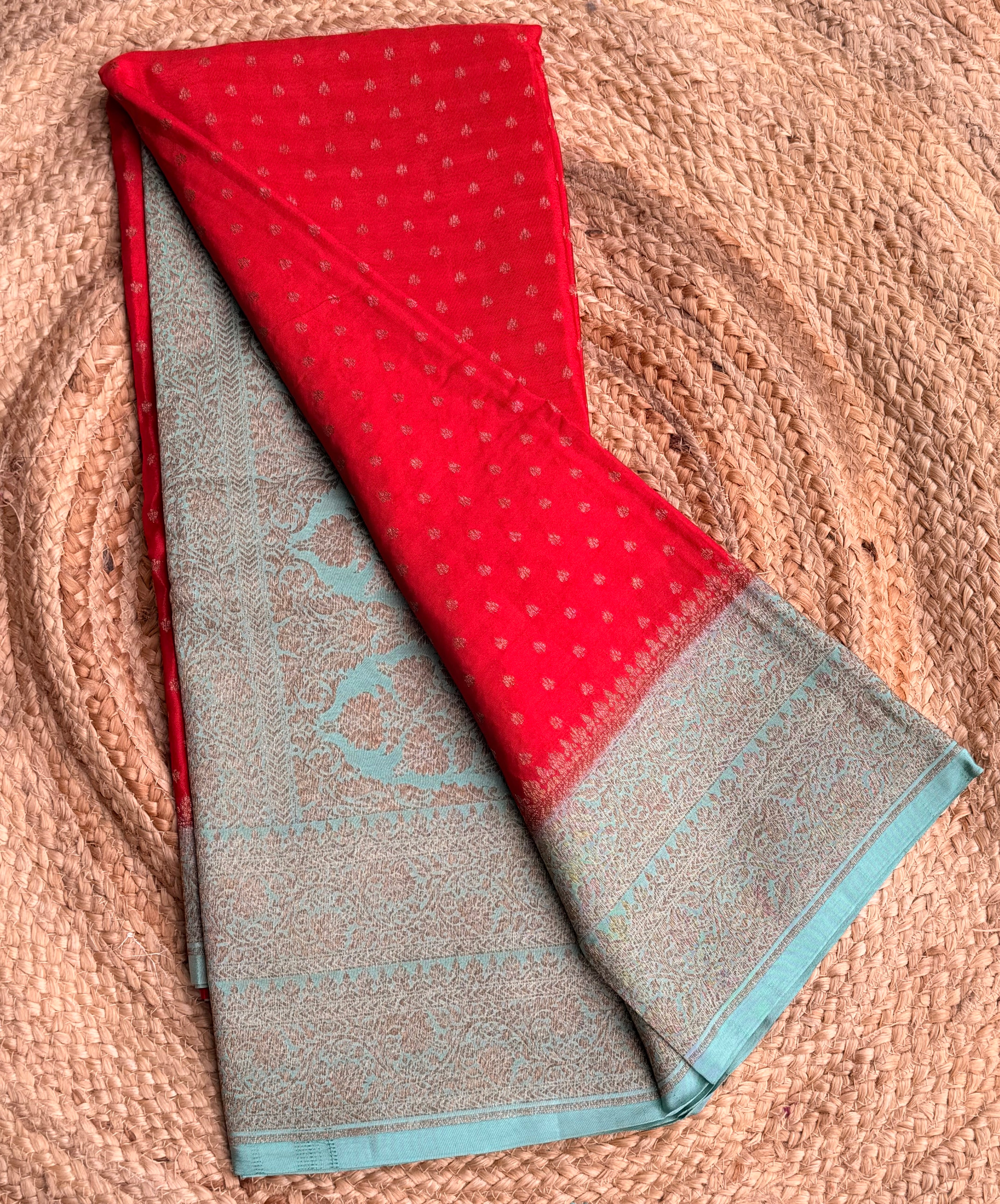 Red n sea green small butta benarasi crepe saree