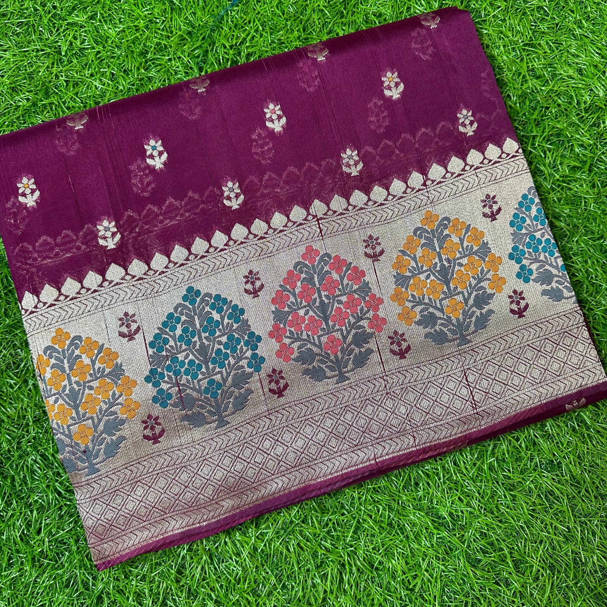 Dark wine tusser with Paithani border.
