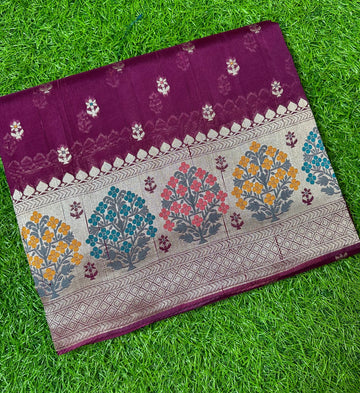 Dark wine tusser with Paithani border.