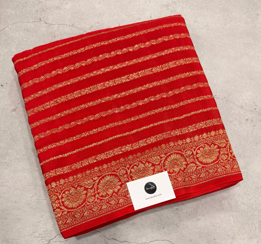 Red stripes pure benarasi crepe silk saree