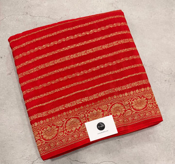 Red stripes pure benarasi crepe silk saree