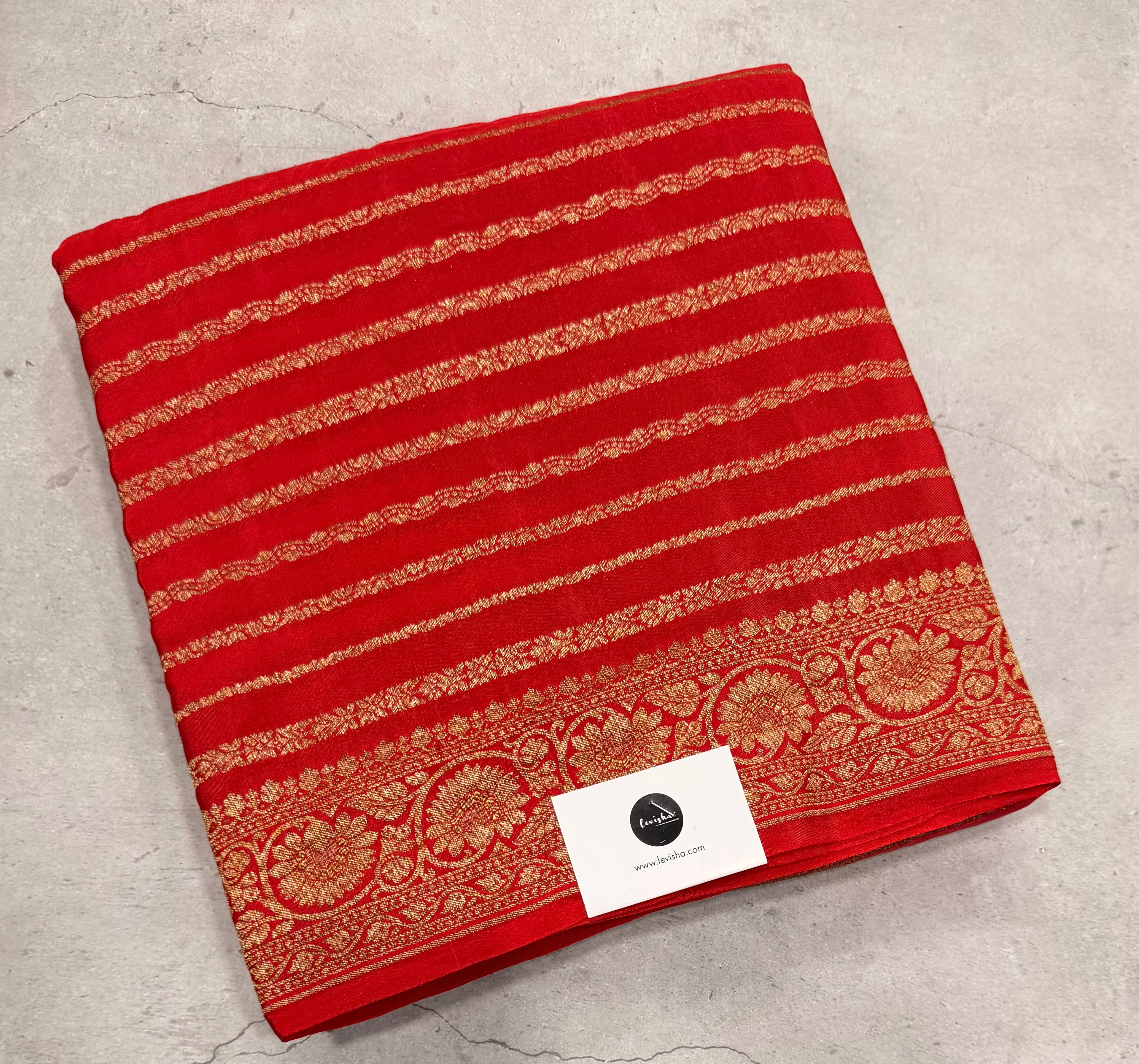 Red stripes pure benarasi crepe silk saree