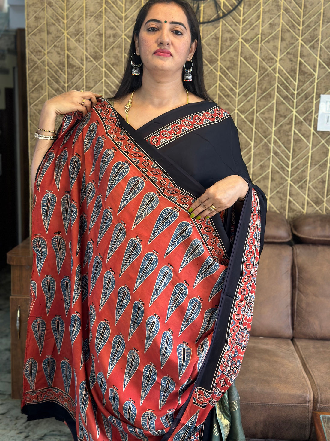 Black with red Ajrak prints pure modal silk sarees.