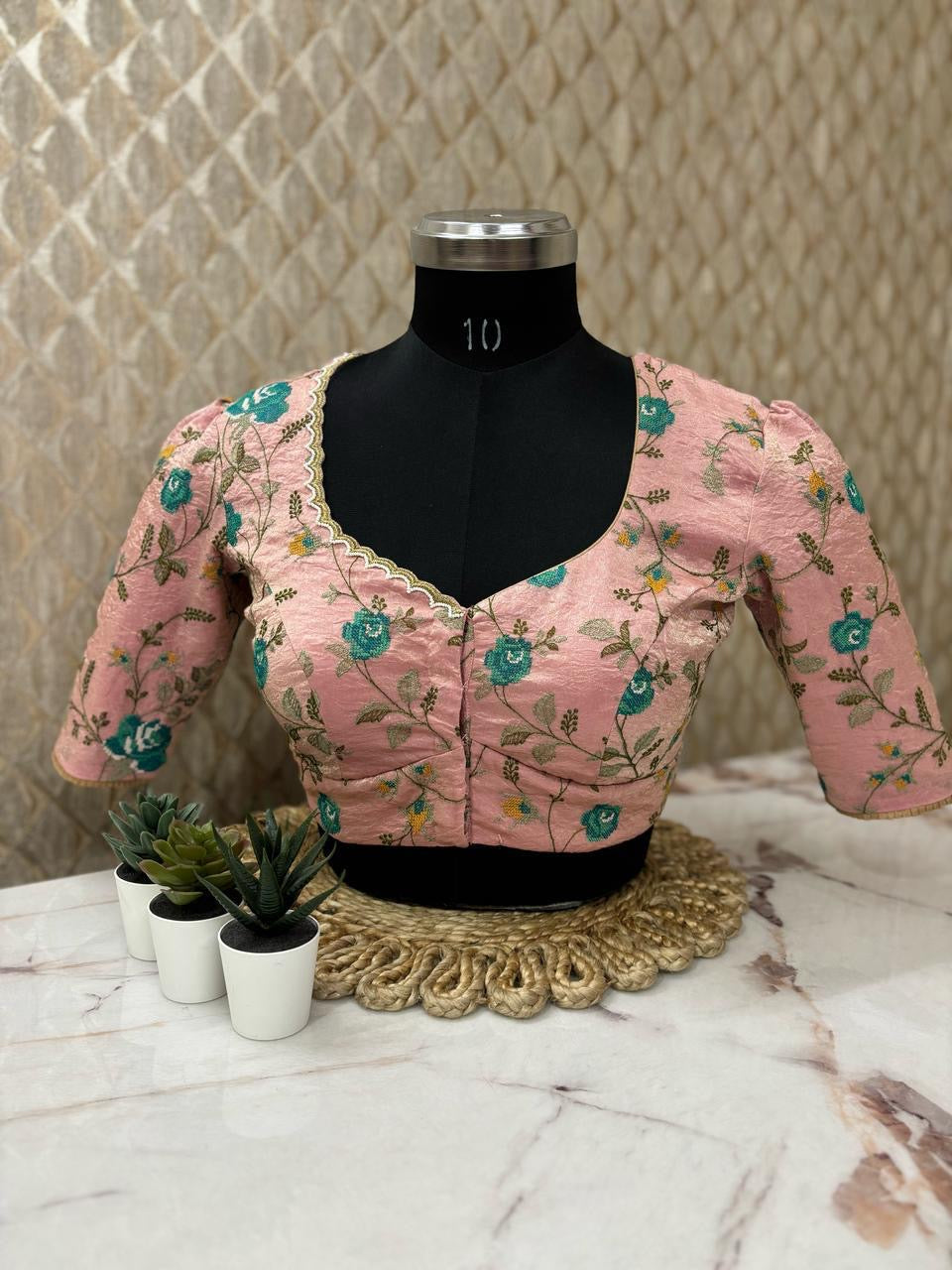 Peach pure tissue with hand embroidery scallop neckline ready blouse L to XXL