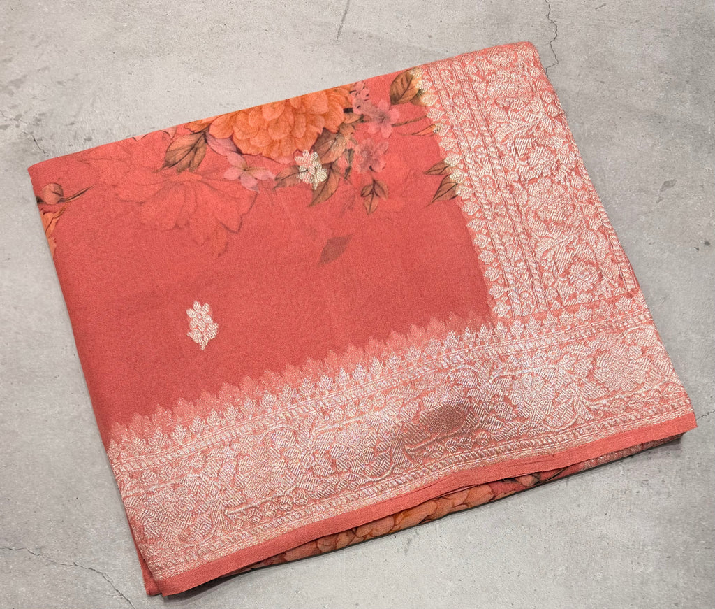 Peach digital print Banarasi pure tissue chiffon saree sliver zari saree