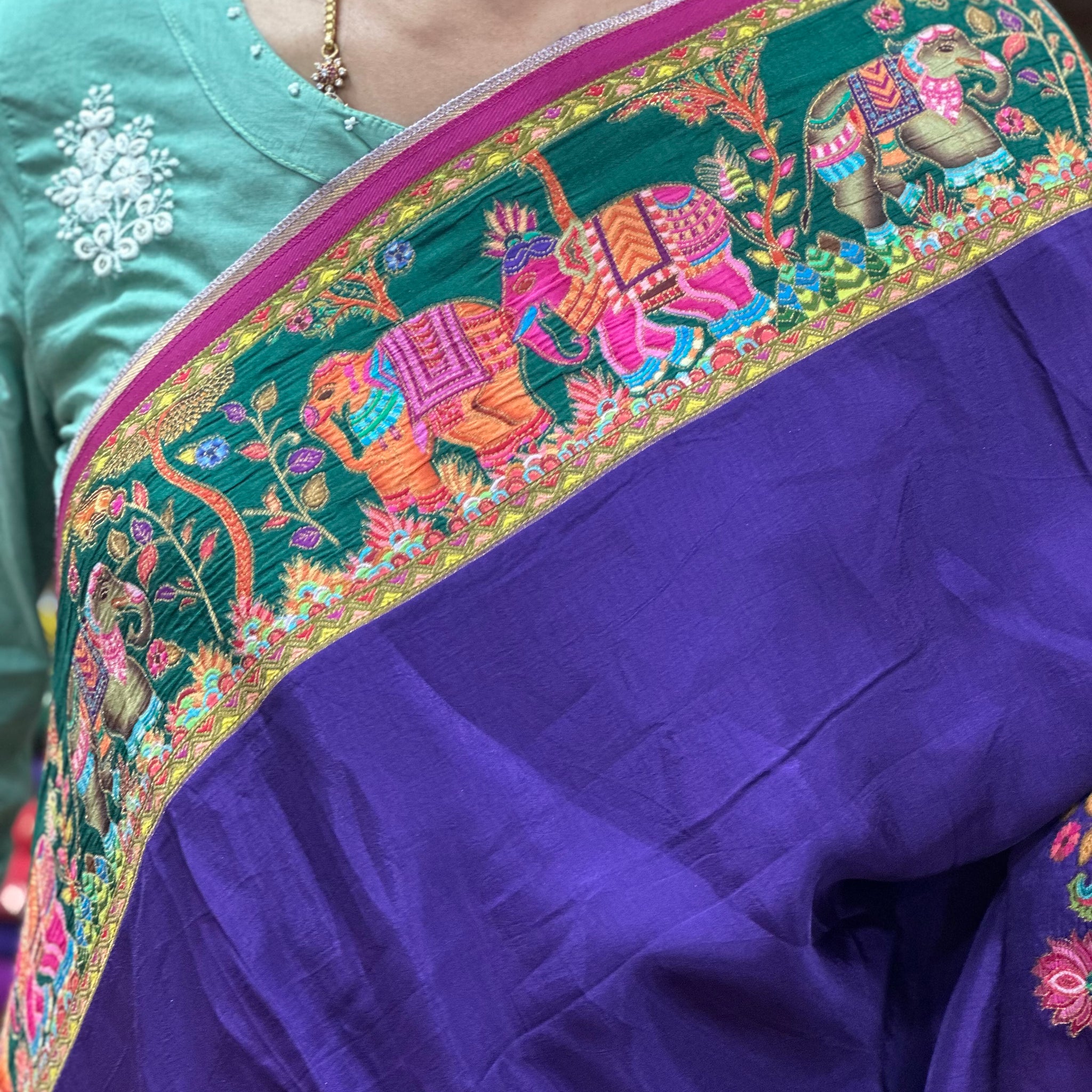 Purple with pink moonga crepe pashmina Saree