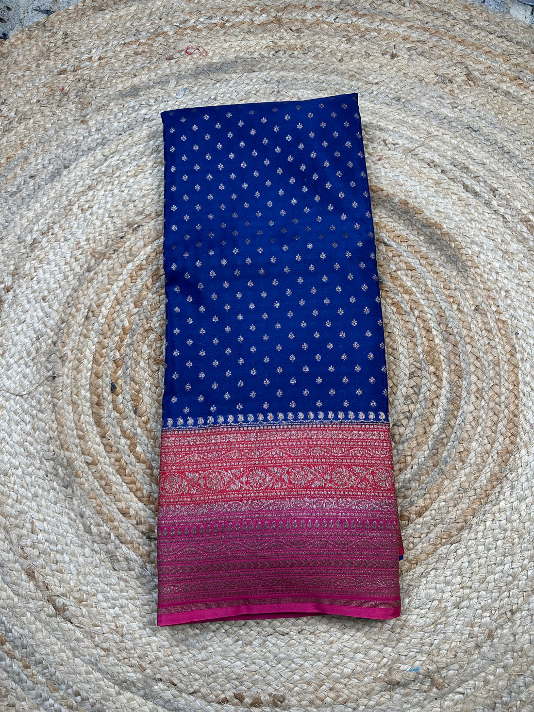 3D deep blue with pink and red crepe chiffon sarees.