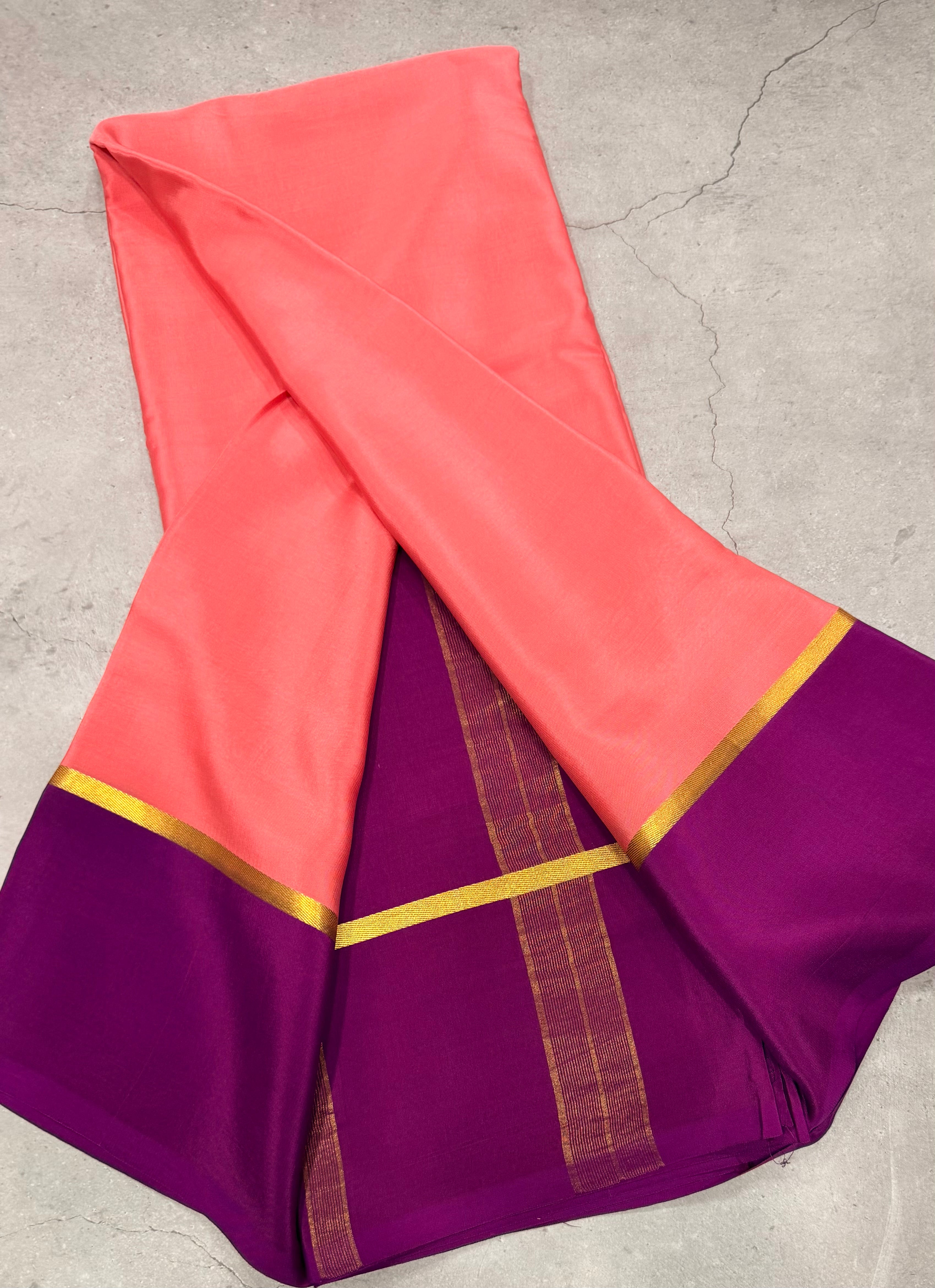 Pastel pink  contrast border pure Mysore silk crepe saree