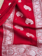 Burgundy Banarasi pure khadi chiffon saree sliver zari woven