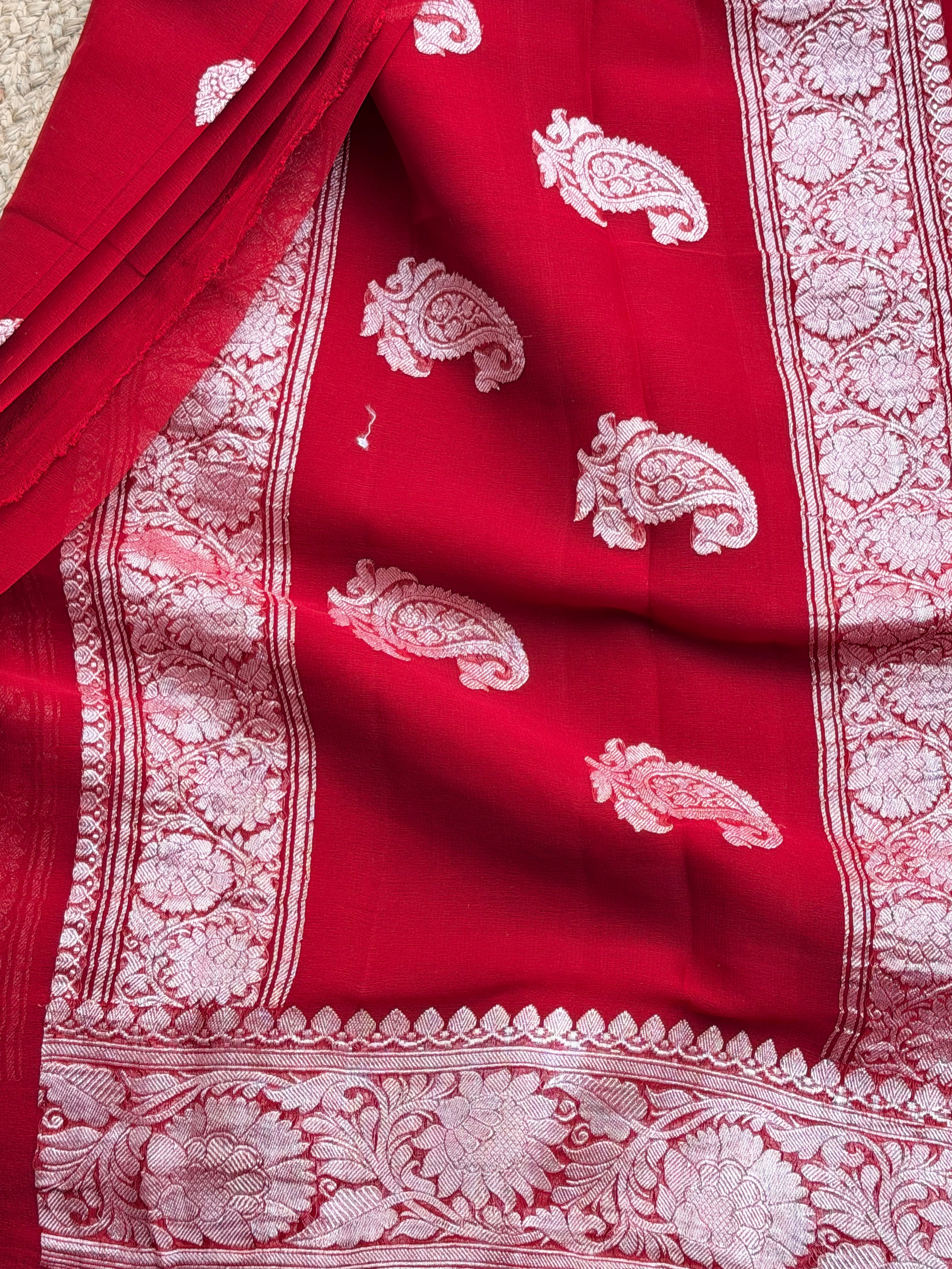 Burgundy Banarasi pure khadi chiffon saree sliver zari woven