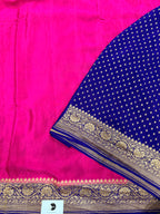 Rani pink n blue partly pallu pure benarasi crepe silk saree
