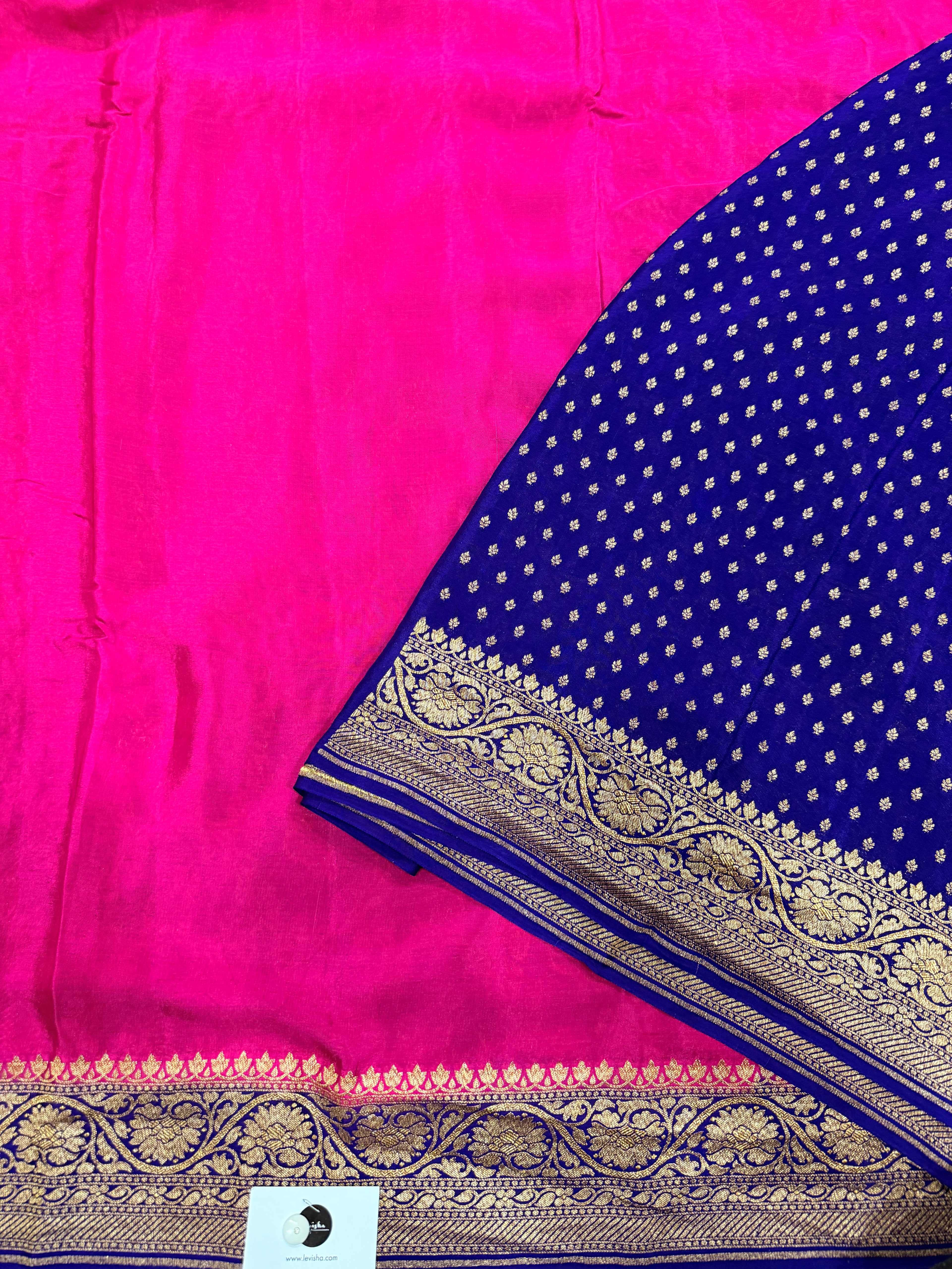 Rani pink n blue partly pallu pure benarasi crepe silk saree