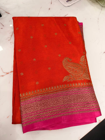 Orange and pink crepe chiffon antique zari