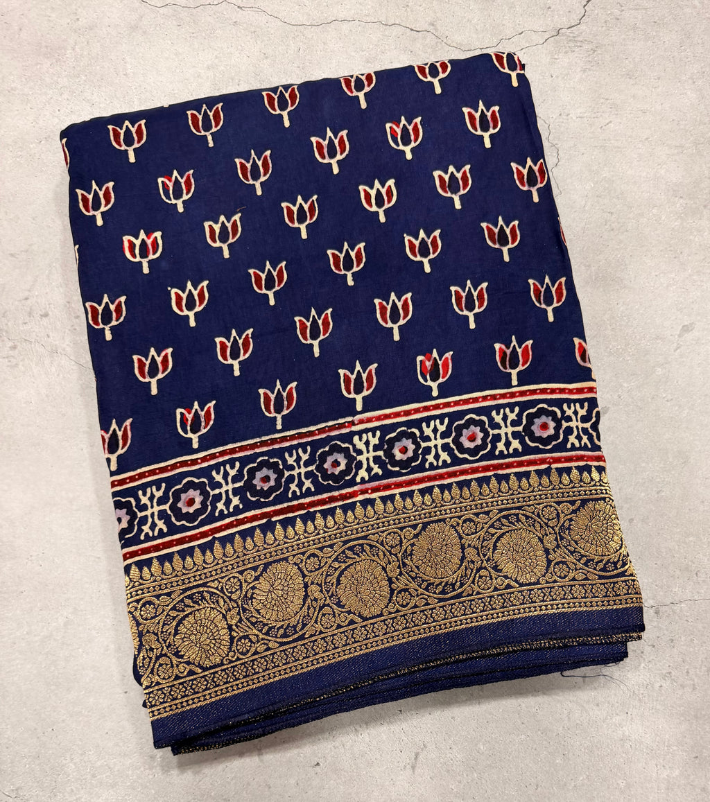 Navy blue small butta Kanchi border pure Ajrak dola sarees